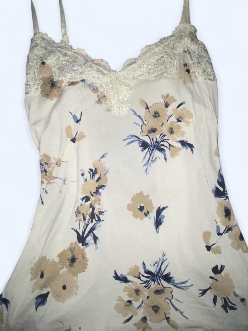 Cream Floral Lace-Trim Chemise with Blue & Beige Print